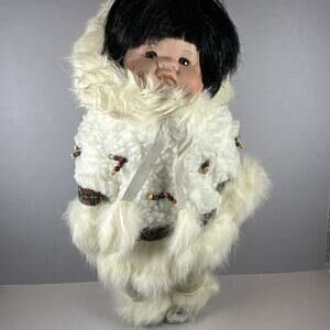Vintage 10" Cute Cute Bisque Cloth Eskimo Doll Black Hair, Traditional Dress